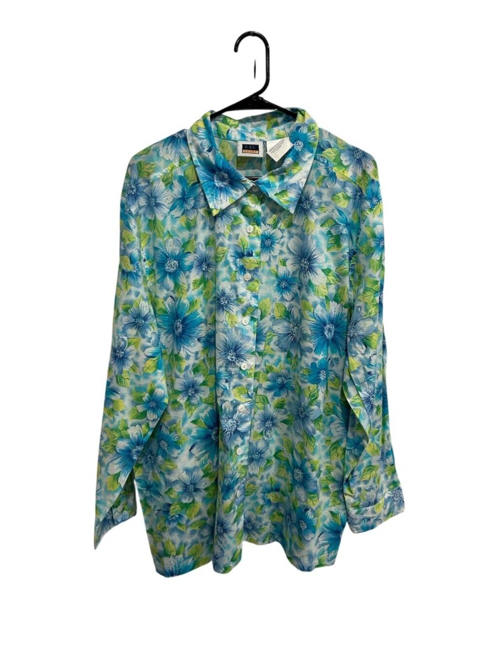 C.S.T. Sport 2X Blue Green Floral Long Sleeve Button Up Shirt Cottagecore Boho